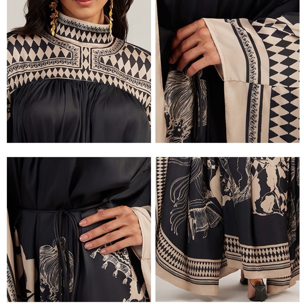 Designer-Style Motif Printed Black & Cream Long Sleeve Maxi Dress - Picture 8 of 8